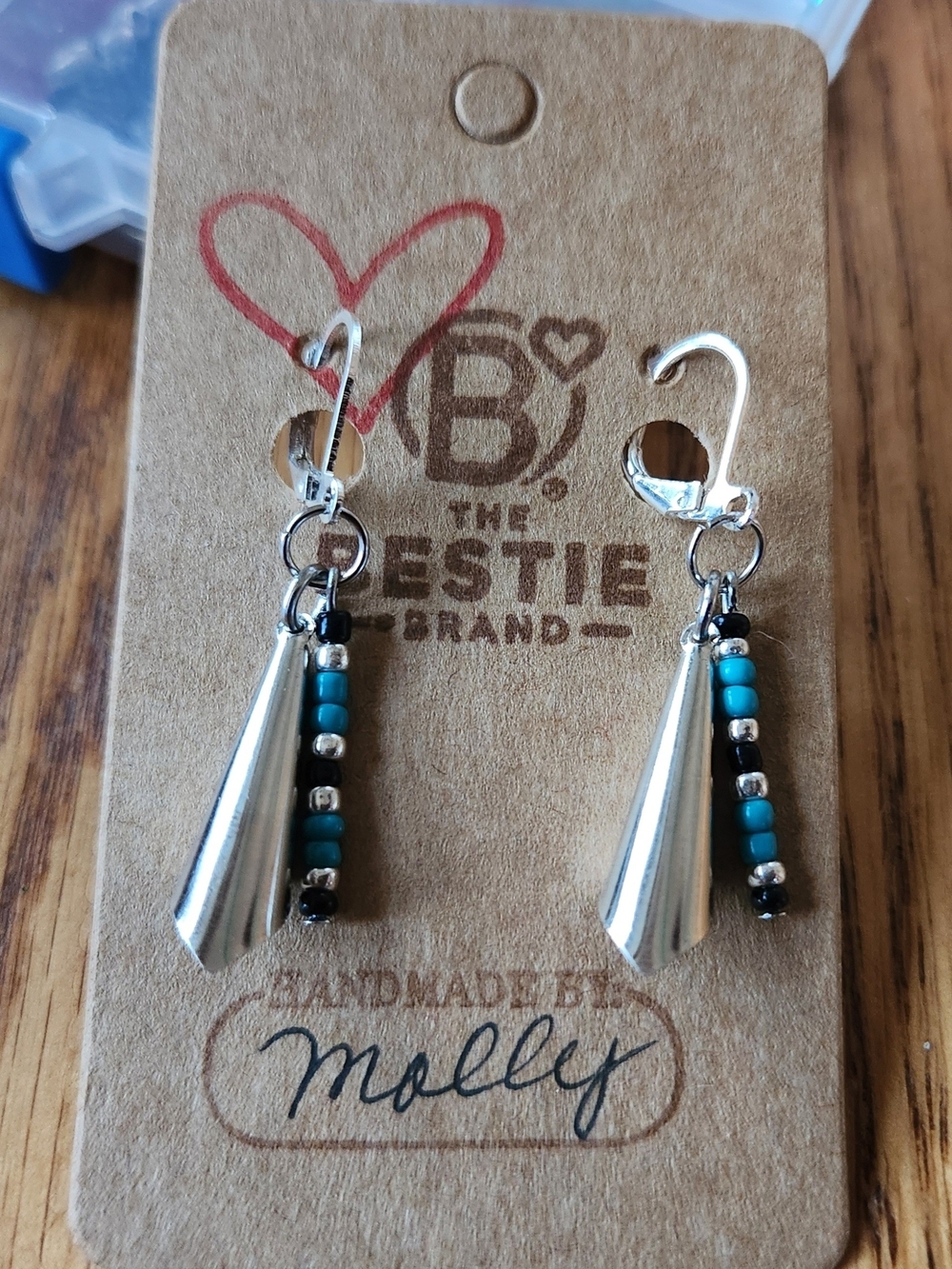 Native-made Silver Tone Cone and Bead Black & Turquoise Color Drop Earrings